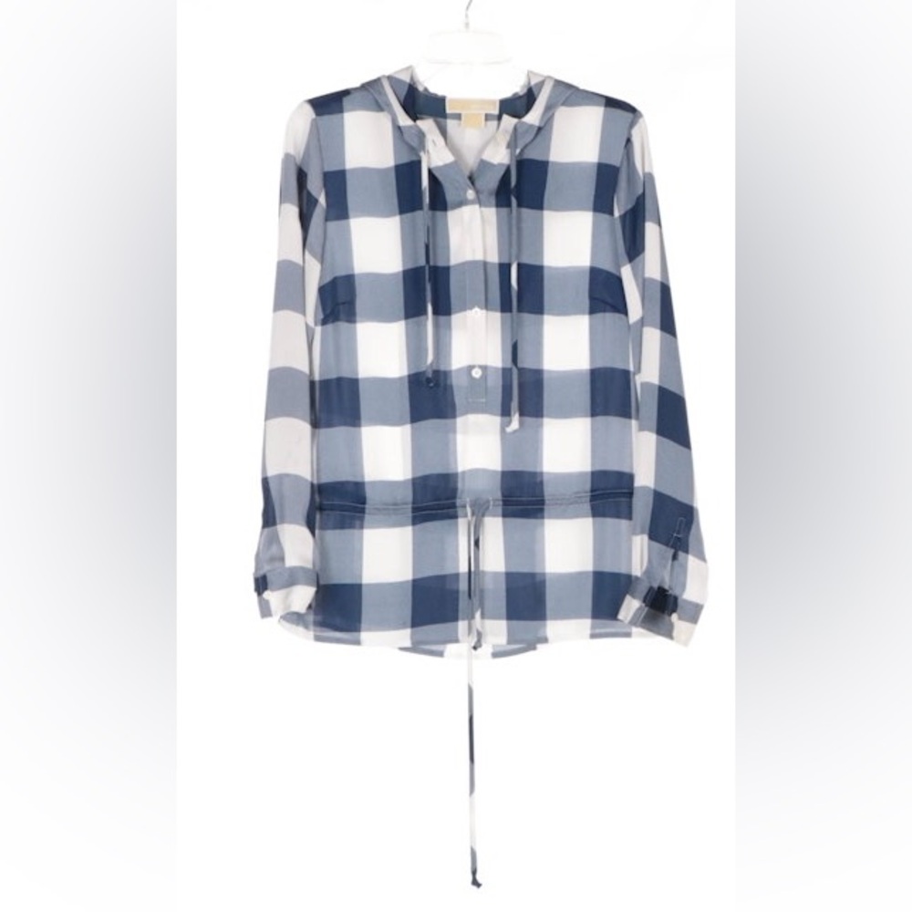 Michael Kors Blue White Checked Hooded Henley
